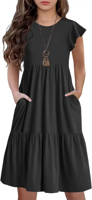 HOSIKA Girls Summer Ruffle Short Sleeve Crew Neck Loose Casual Flowy Tiered Short Dress with Pockets for 6-12 Y