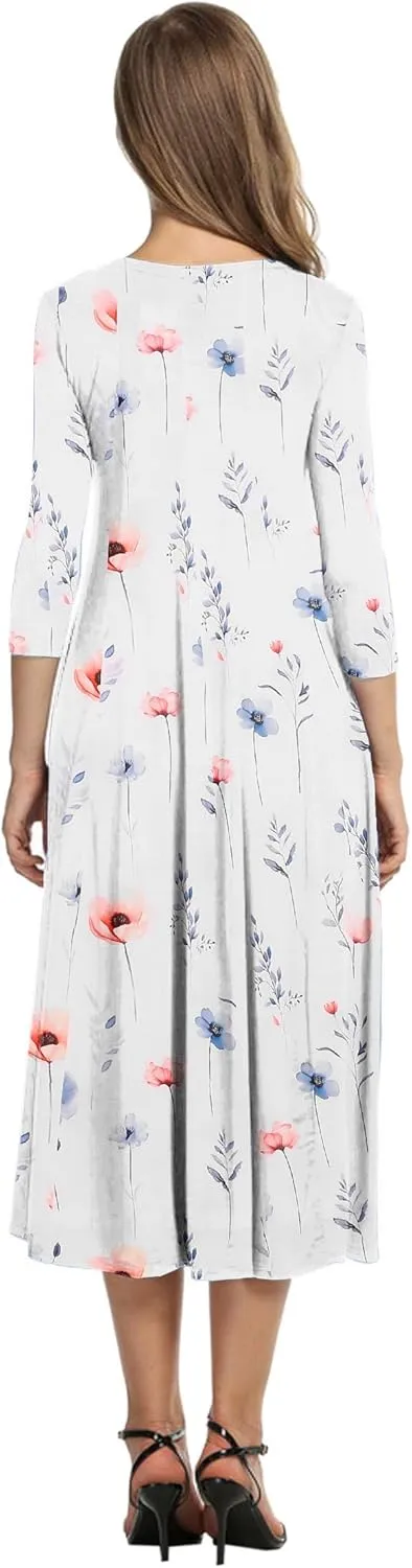 HOTOUCH Women's 3/4 Sleeve A-line and Flare Midi Long Dress