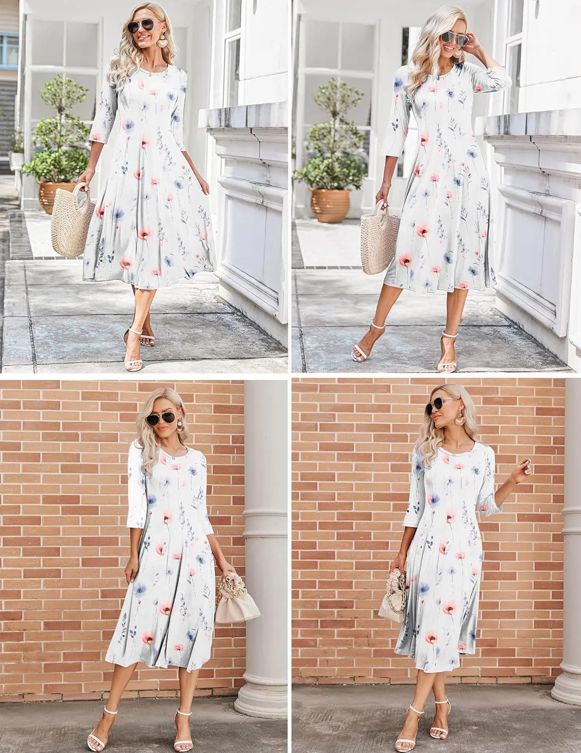 HOTOUCH Women's 3/4 Sleeve A-line and Flare Midi Long Dress