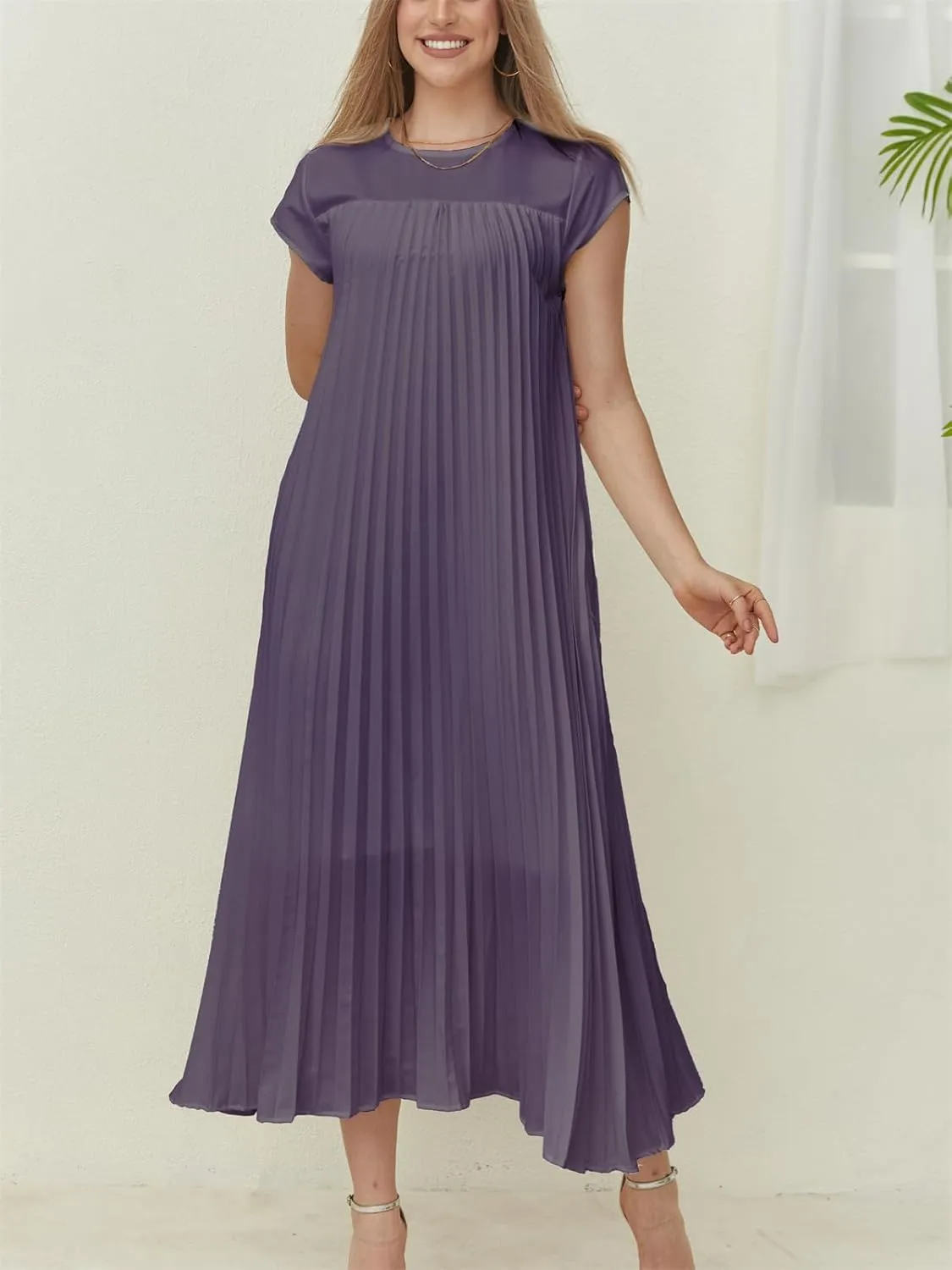 HOULENGS Women's 2025 Casual Short Sleeve Pleated Maxi Dress Loose Fit Crewneck Flowy Long Dress with Pockets