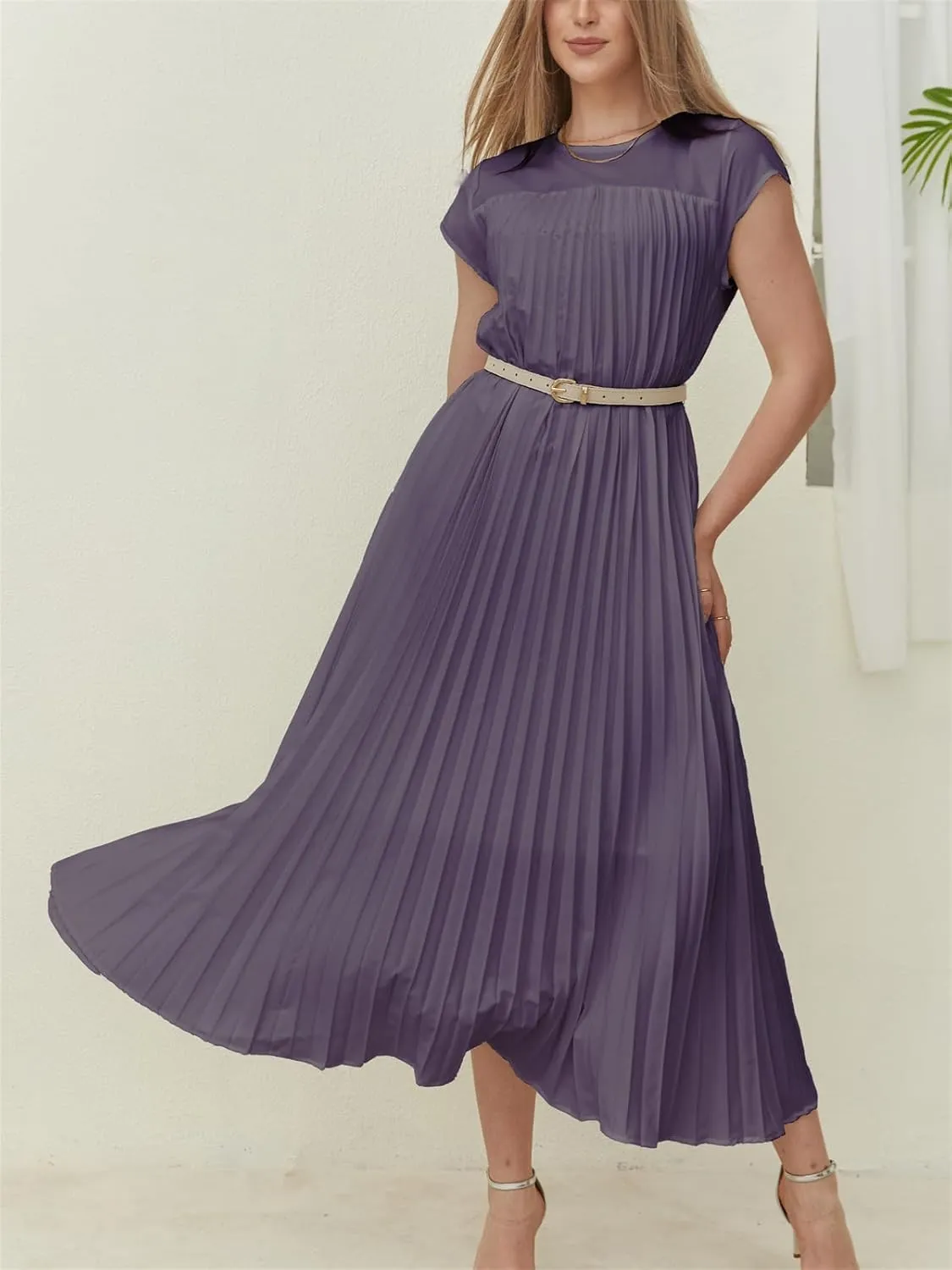 HOULENGS Women's 2025 Casual Short Sleeve Pleated Maxi Dress Loose Fit Crewneck Flowy Long Dress with Pockets