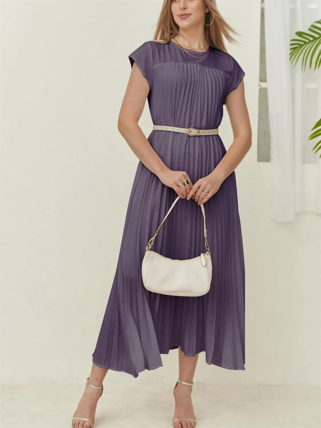 HOULENGS Women's 2025 Casual Short Sleeve Pleated Maxi Dress Loose Fit Crewneck Flowy Long Dress with Pockets