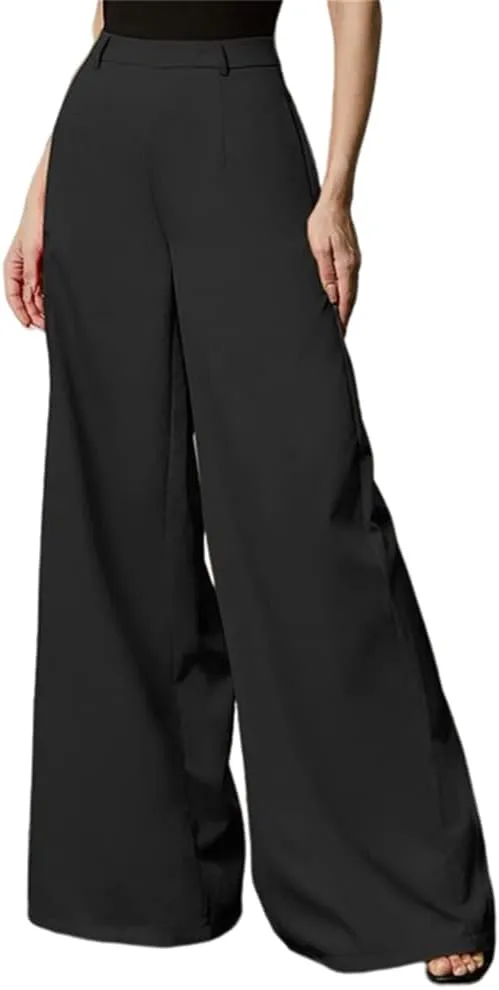 HOULENGS Women's High Waist Wide Leg Trousers Casual Straight Long Pants with Pockets