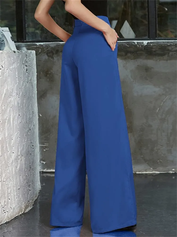 HOULENGS Women's High Waist Wide Leg Trousers Casual Straight Long Pants with Pockets