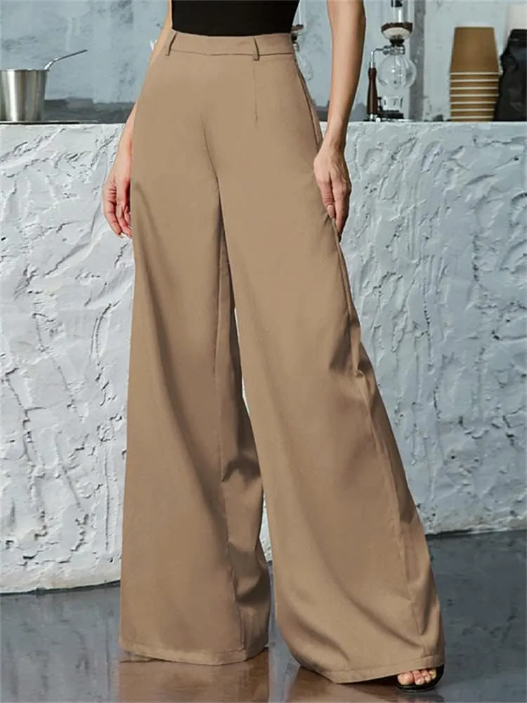 HOULENGS Women's High Waist Wide Leg Trousers Casual Straight Long Pants with Pockets