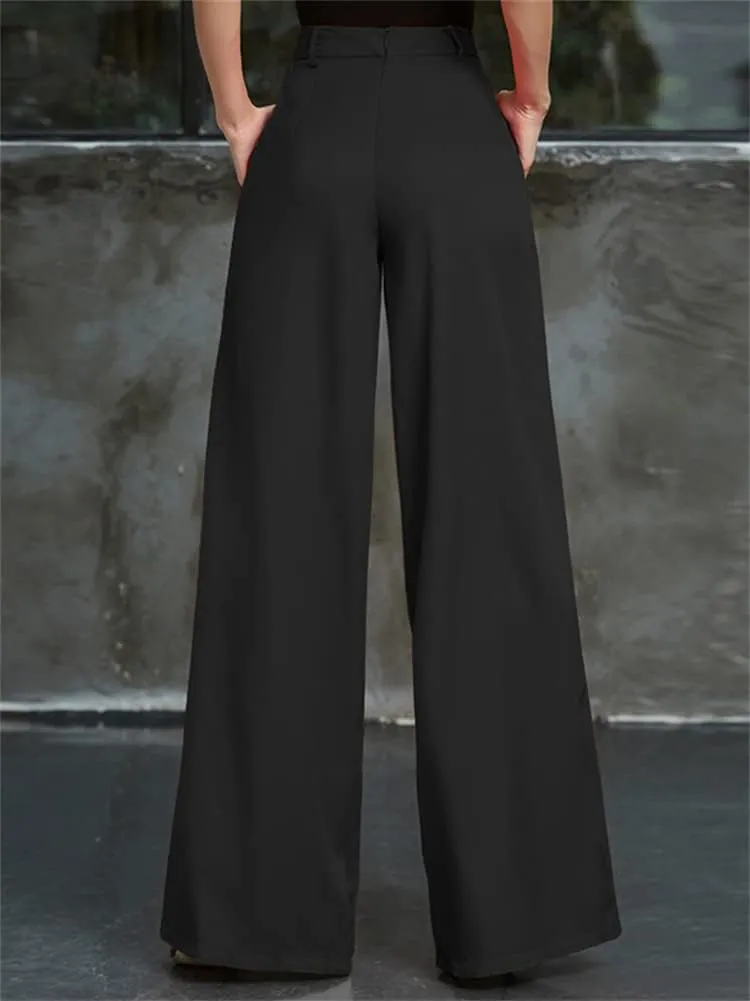 HOULENGS Women's High Waist Wide Leg Trousers Casual Straight Long Pants with Pockets