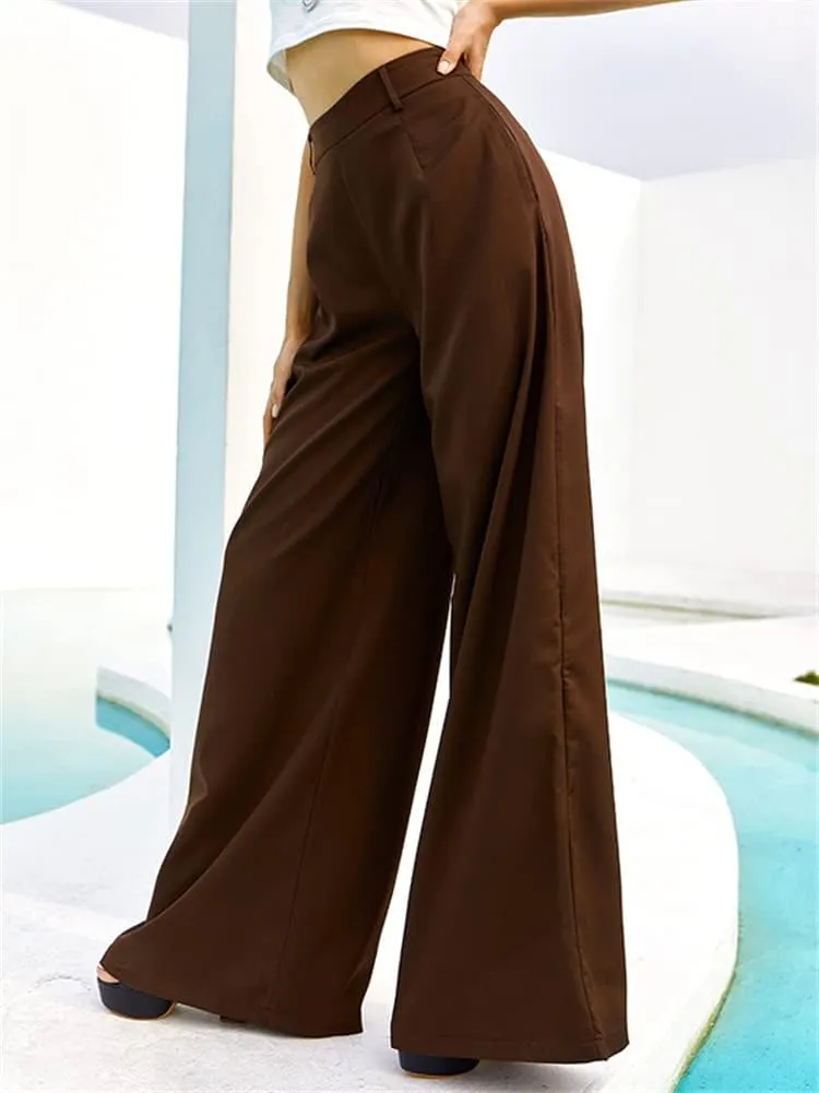 HOULENGS Women's High Waist Wide Leg Trousers Casual Straight Long Pants with Pockets