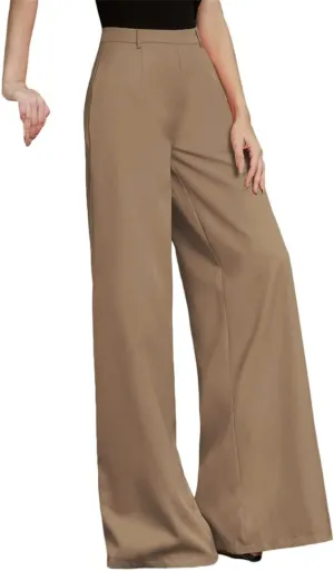 HOULENGS Women's High Waist Wide Leg Trousers Casual Straight Long Pants with Pockets