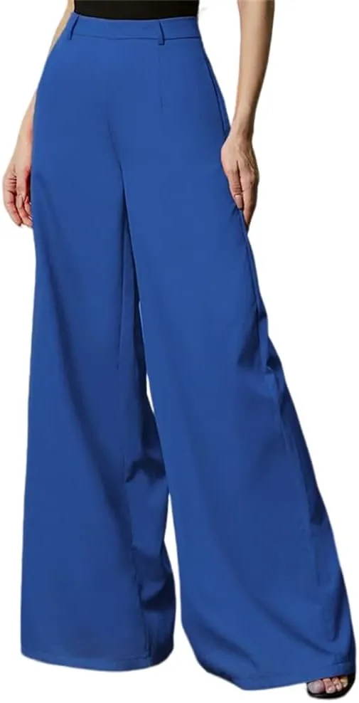 HOULENGS Women's High Waist Wide Leg Trousers Casual Straight Long Pants with Pockets