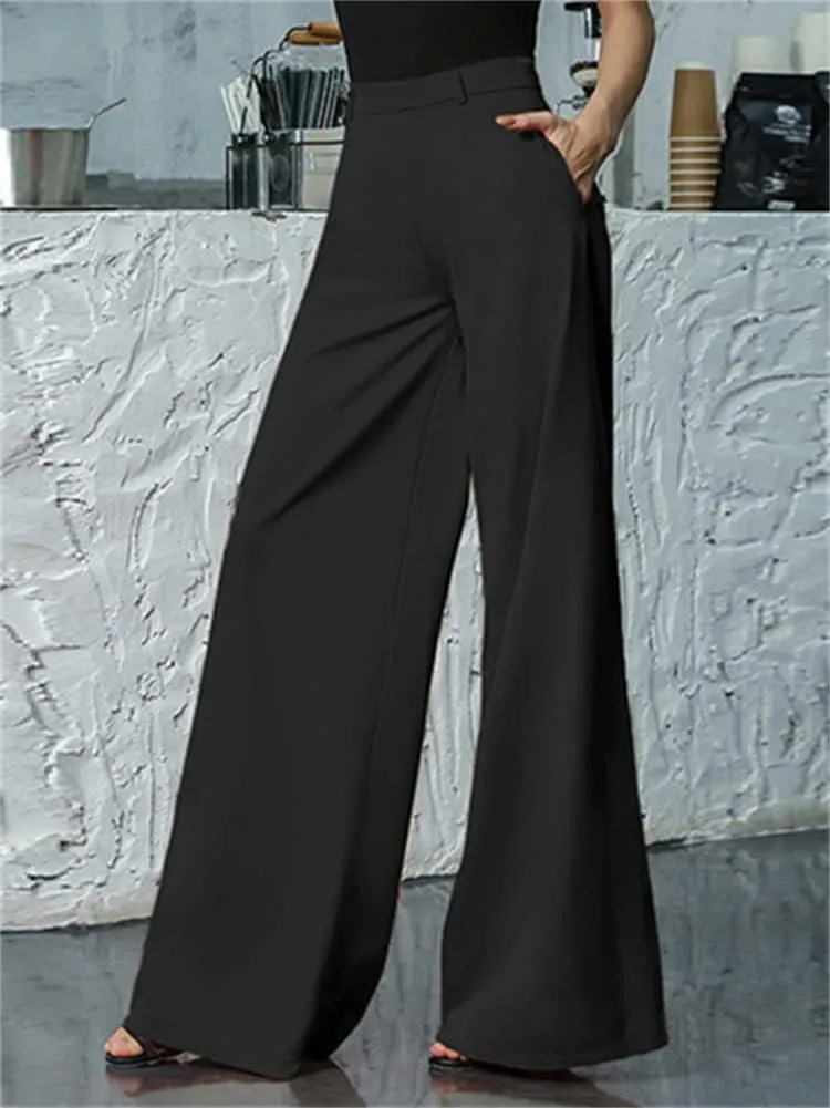 HOULENGS Women's High Waist Wide Leg Trousers Casual Straight Long Pants with Pockets