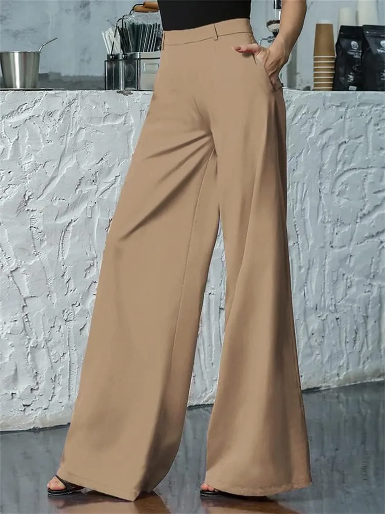 HOULENGS Women's High Waist Wide Leg Trousers Casual Straight Long Pants with Pockets