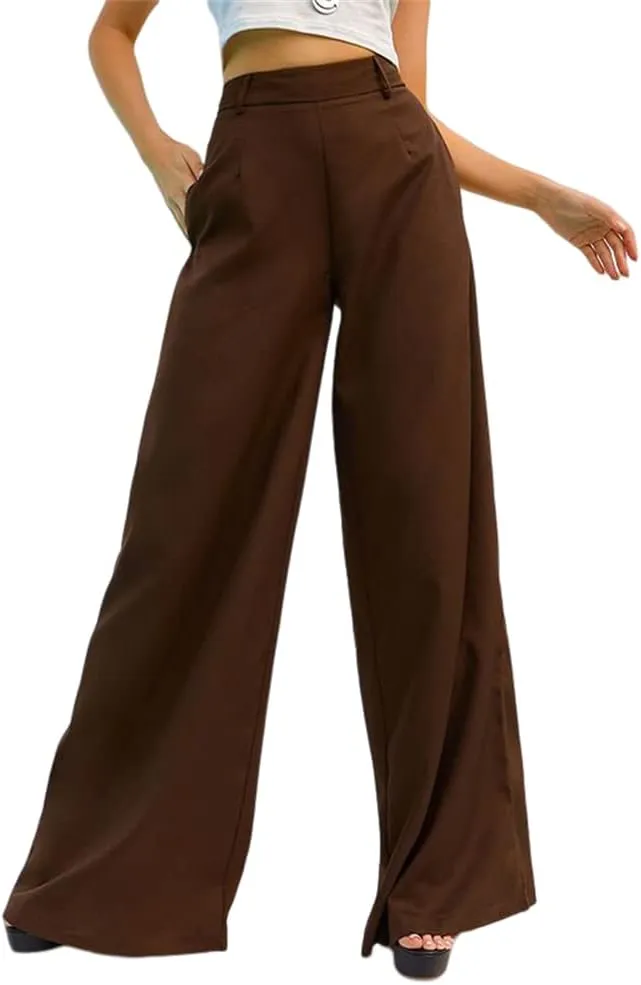HOULENGS Women's High Waist Wide Leg Trousers Casual Straight Long Pants with Pockets