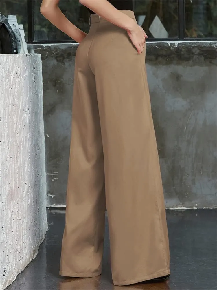 HOULENGS Women's High Waist Wide Leg Trousers Casual Straight Long Pants with Pockets