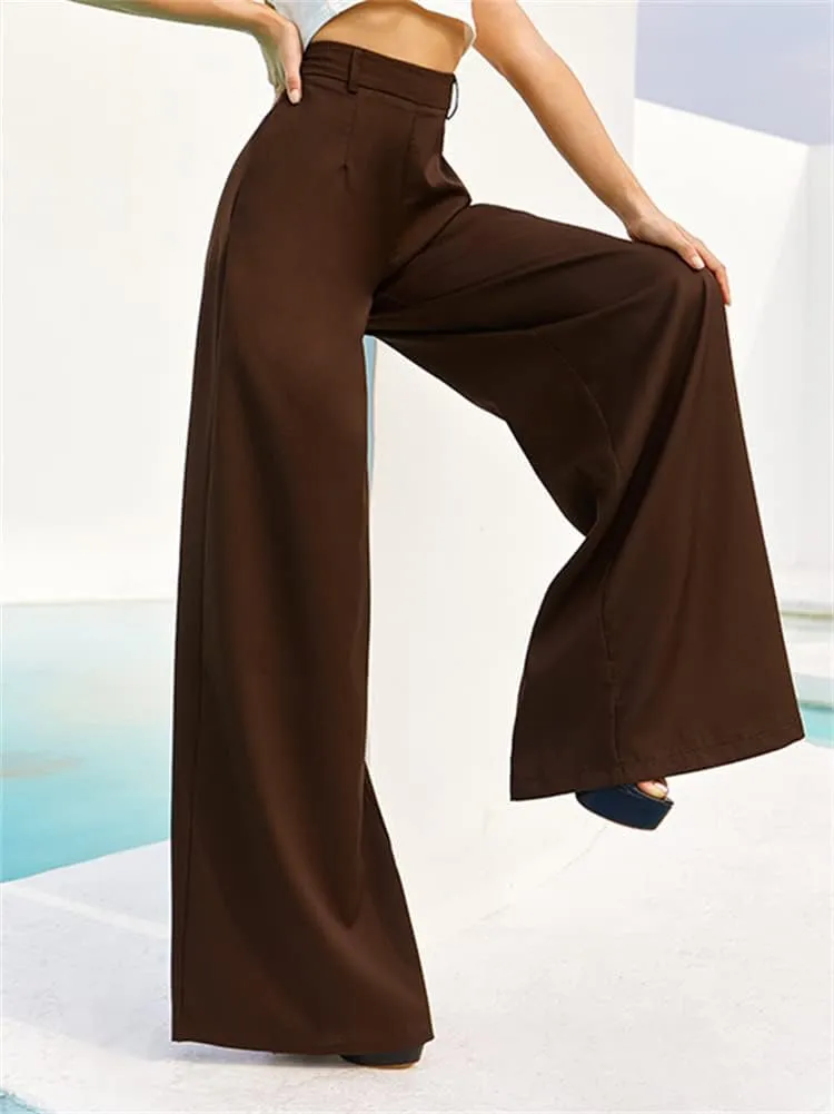 HOULENGS Women's High Waist Wide Leg Trousers Casual Straight Long Pants with Pockets