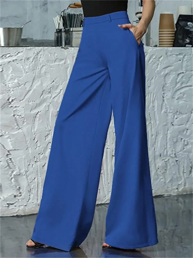 HOULENGS Women's High Waist Wide Leg Trousers Casual Straight Long Pants with Pockets