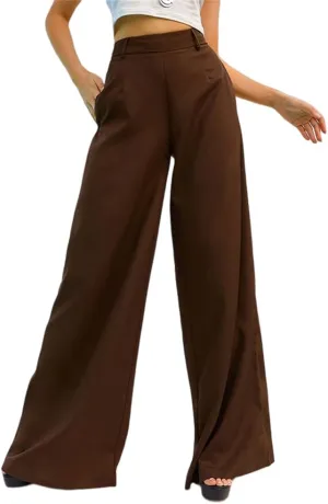 HOULENGS Women's High Waist Wide Leg Trousers Casual Straight Long Pants with Pockets
