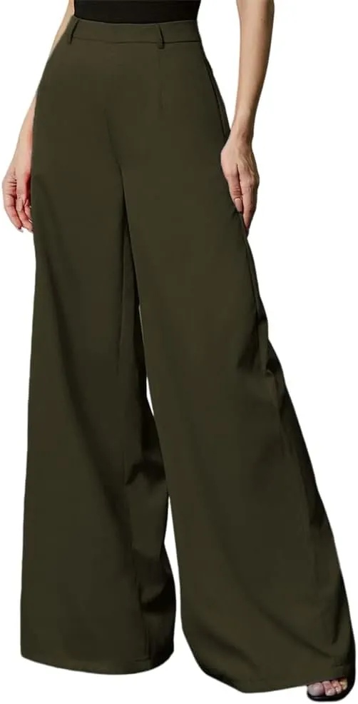 HOULENGS Women's High Waist Wide Leg Trousers Casual Straight Long Pants with Pockets