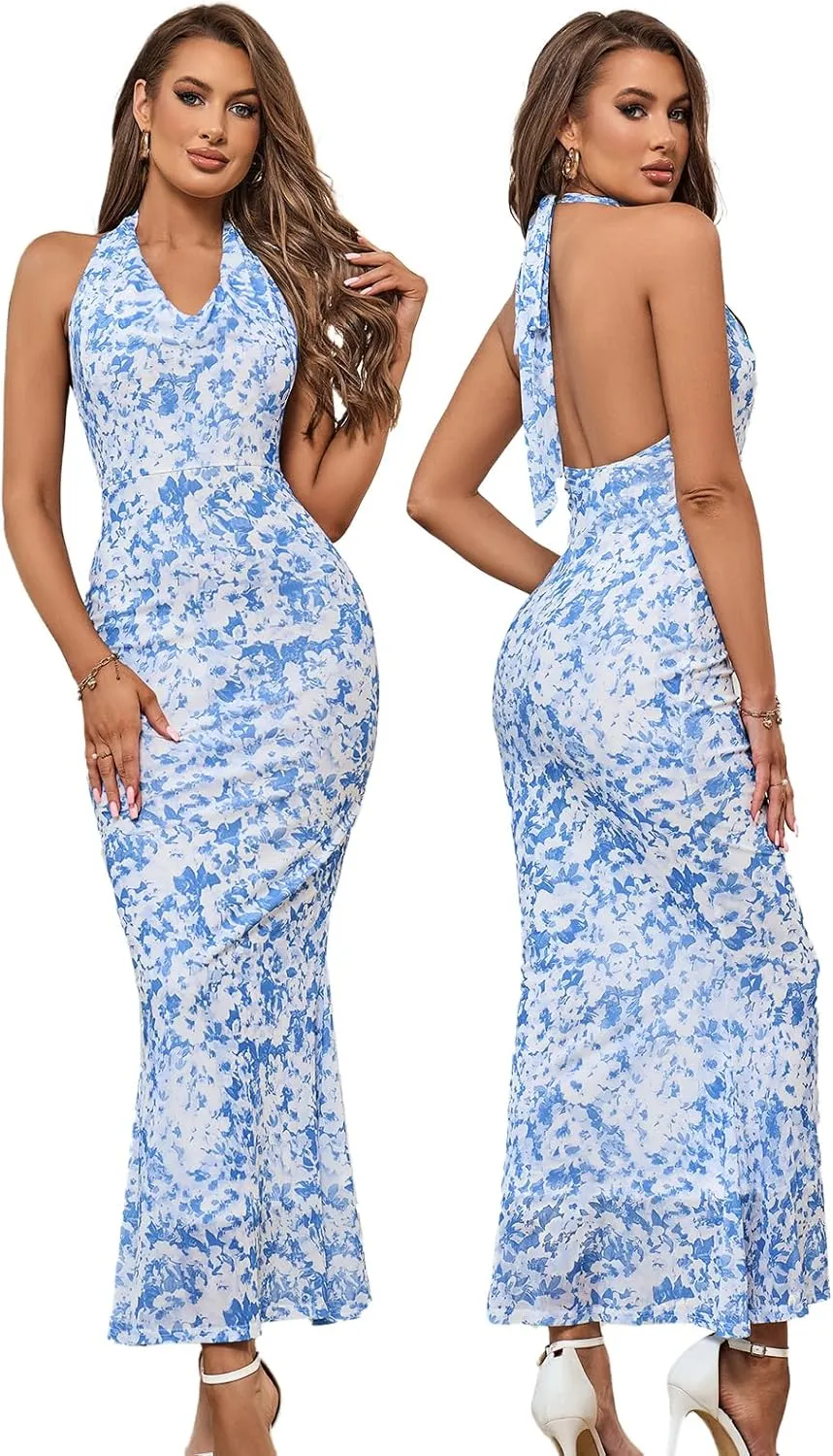 HTZMO Women's Floral Bodycon Maxi Dress Halter V Neck Backless Casual Summer Long Dresses for 2024