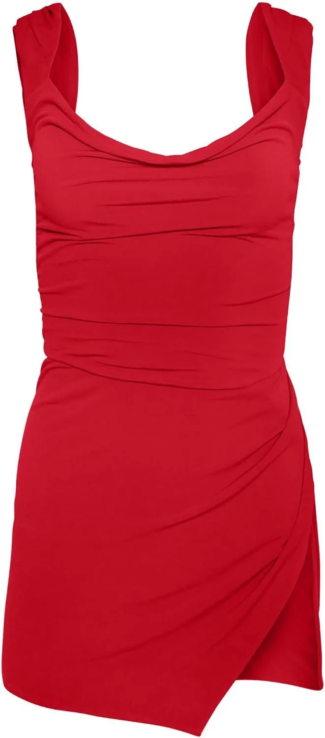 HYPERFIRE Women's Summer Square Neck Backless Dress Ruched Bodycon Mini Short Dresses Split Hem Sundress Going Out