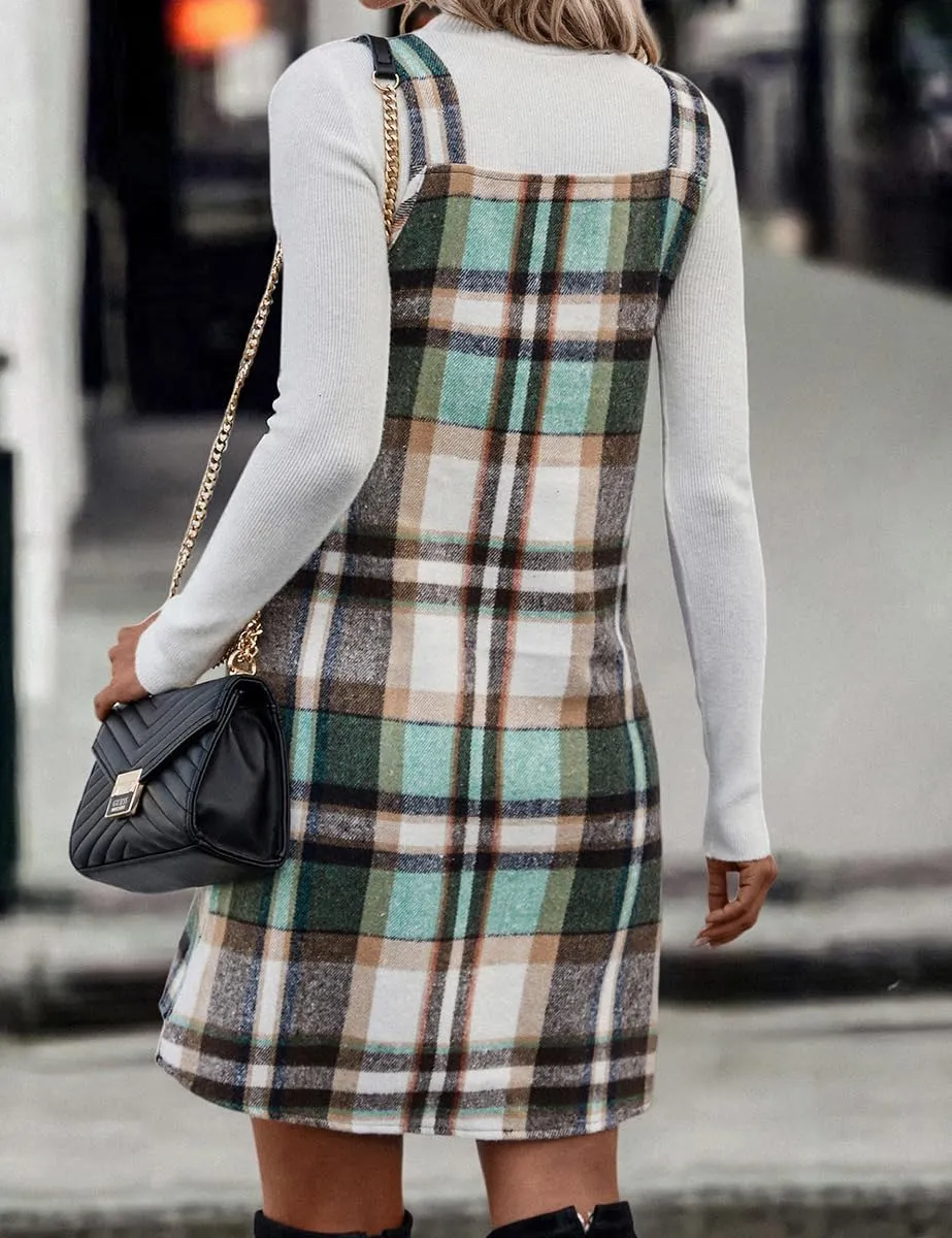 IDEALSANXUN Plaid Overall Dress for Women Fall Winter Sleeveless Plaid Dresses with Pockets