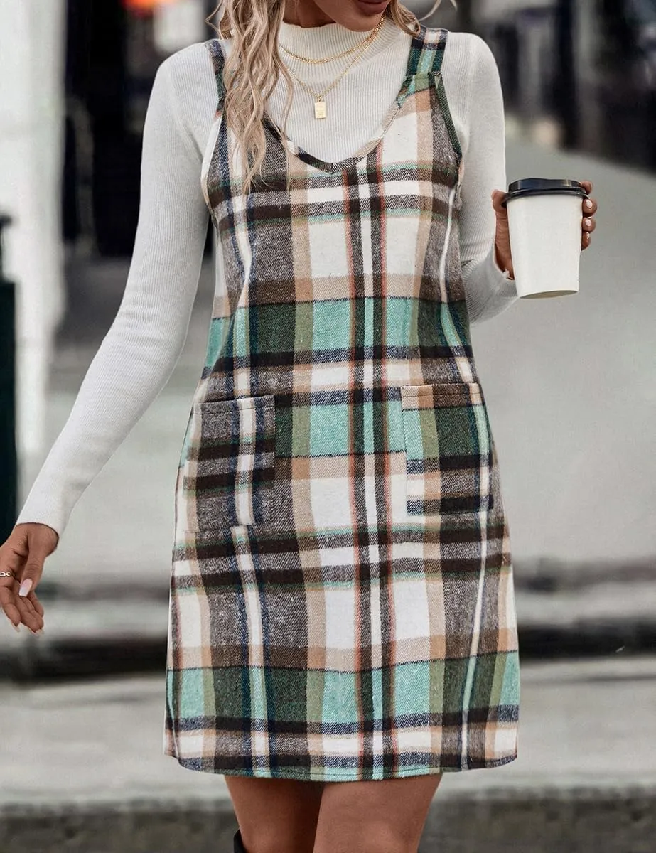 IDEALSANXUN Plaid Overall Dress for Women Fall Winter Sleeveless Plaid Dresses with Pockets