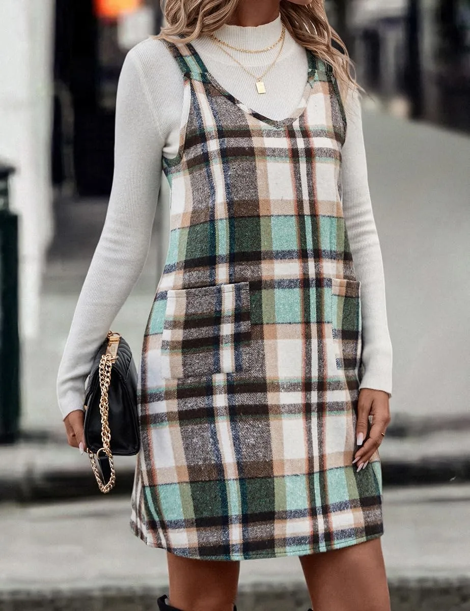 IDEALSANXUN Plaid Overall Dress for Women Fall Winter Sleeveless Plaid Dresses with Pockets
