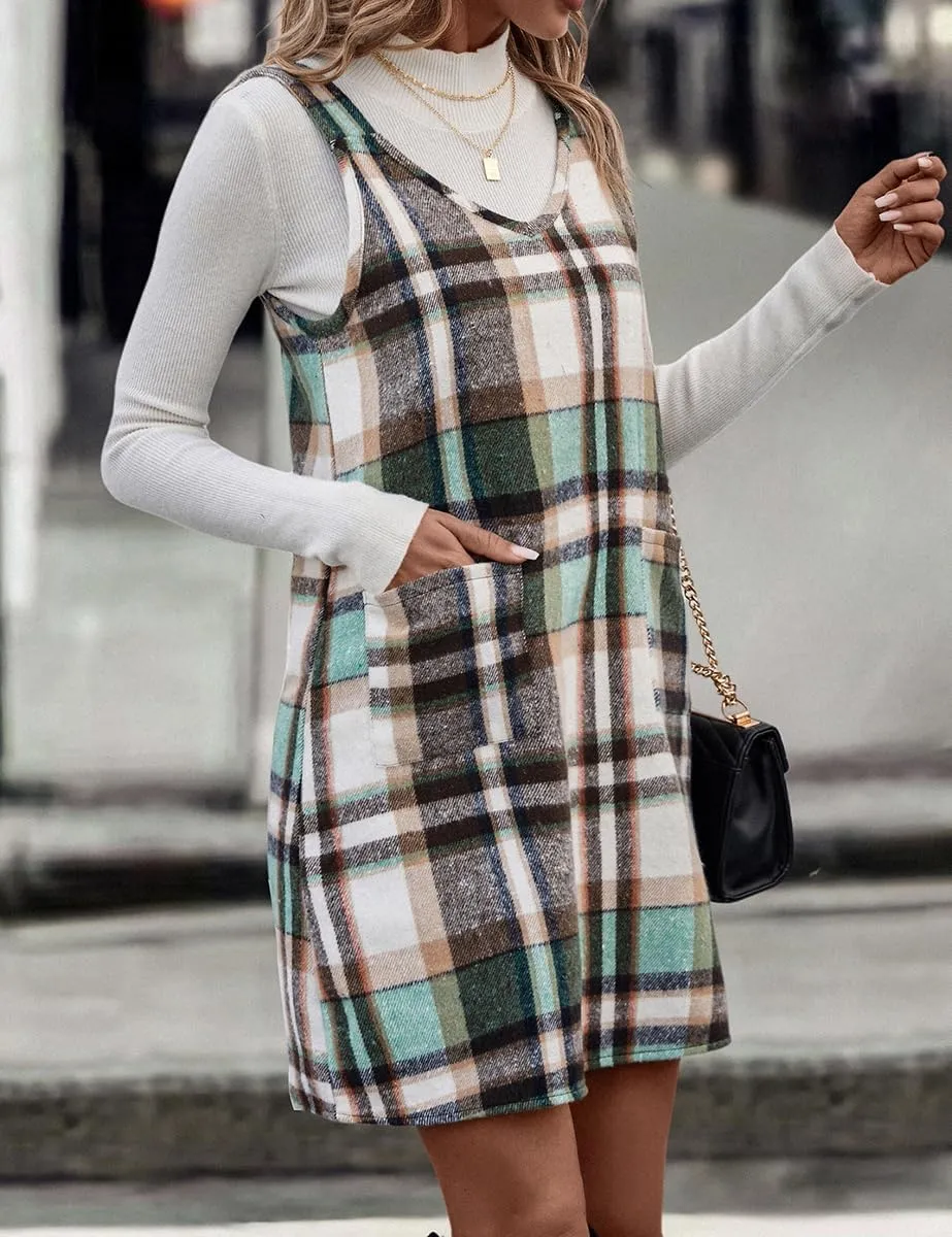 IDEALSANXUN Plaid Overall Dress for Women Fall Winter Sleeveless Plaid Dresses with Pockets