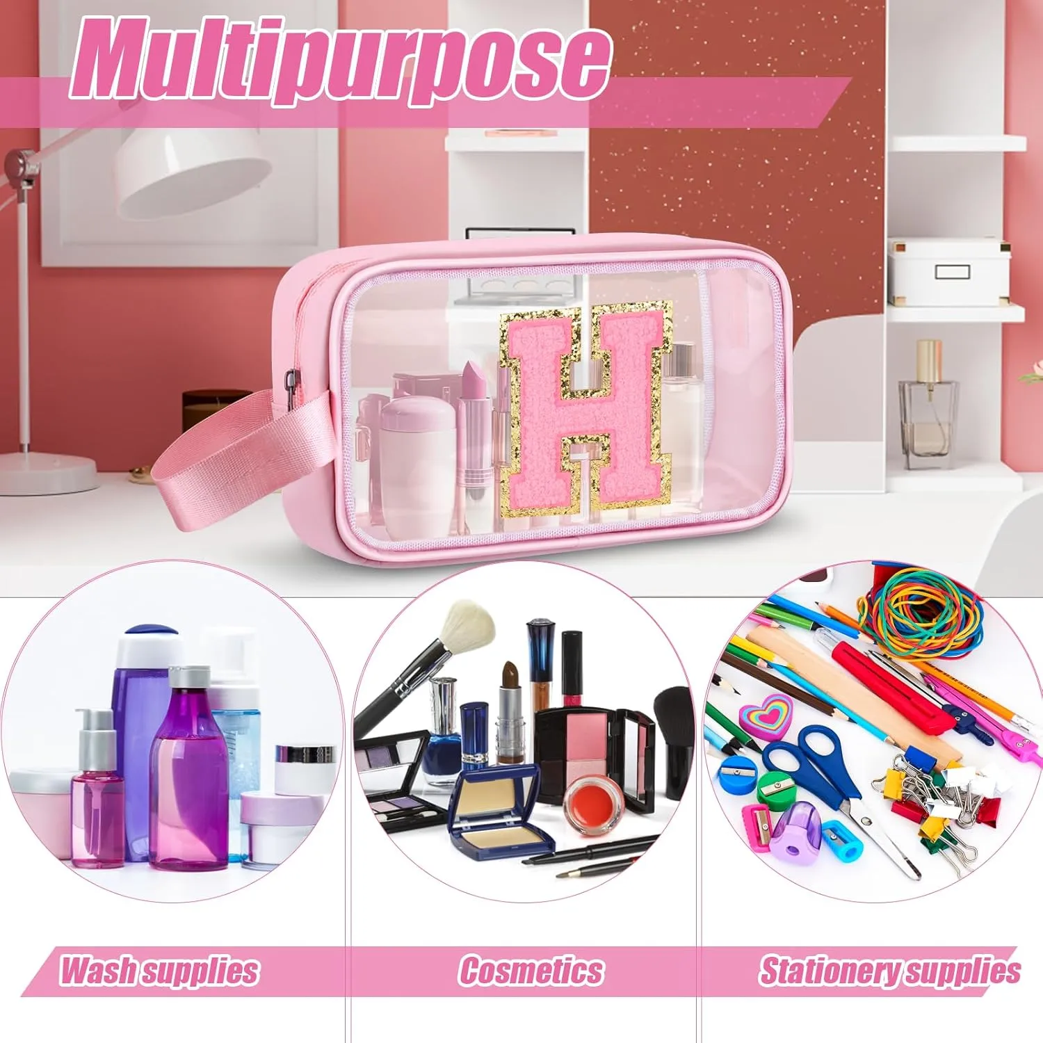 Initial Makeup Bag,Letter H Cute Clear Monogrammed Cosmetic Travel Bag for Womens Girls,Personalized Pink Aesthetic Traveling Make Up Organizer Bag for Beach,Waterproof Toiletry Bag