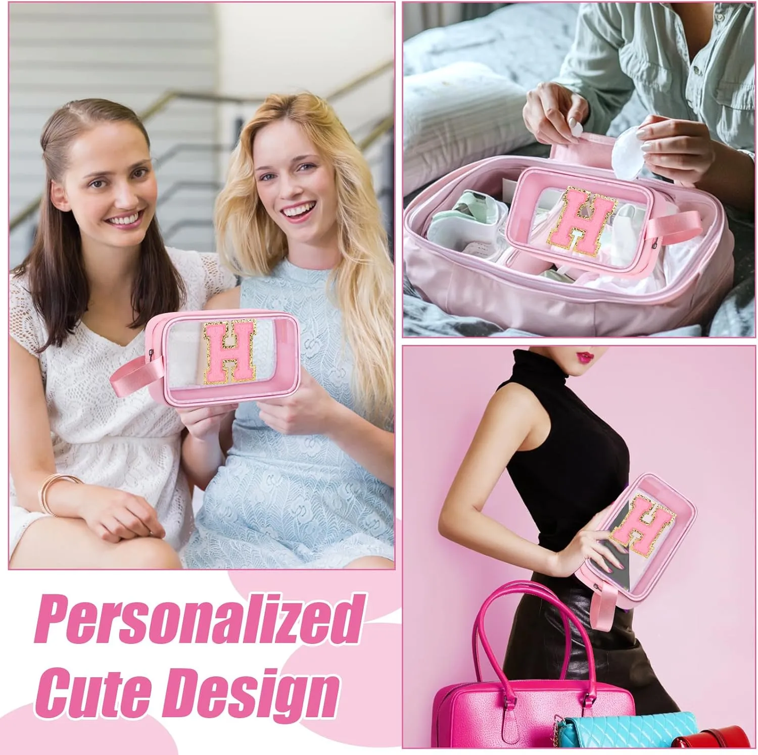 Initial Makeup Bag,Letter H Cute Clear Monogrammed Cosmetic Travel Bag for Womens Girls,Personalized Pink Aesthetic Traveling Make Up Organizer Bag for Beach,Waterproof Toiletry Bag