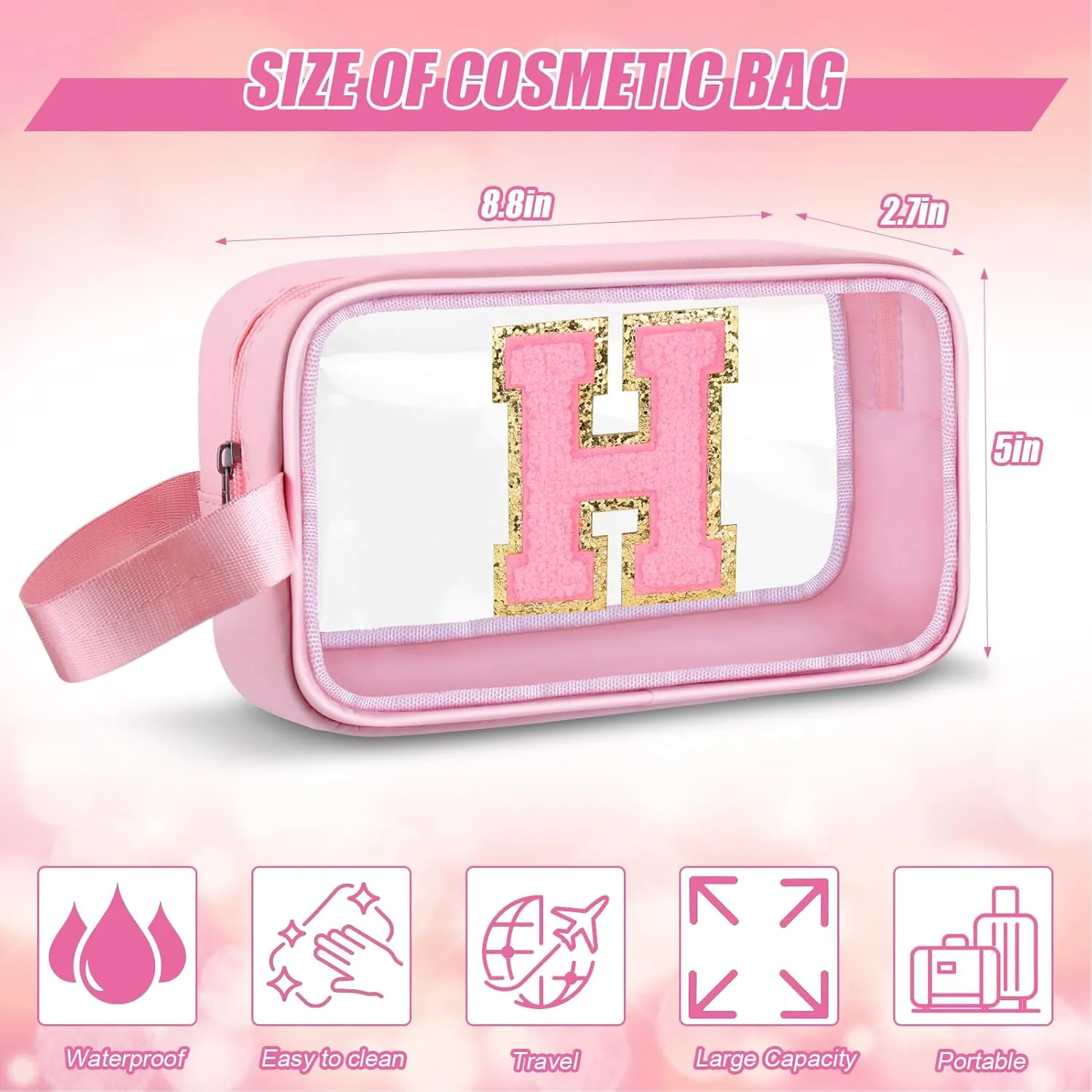 Initial Makeup Bag,Letter H Cute Clear Monogrammed Cosmetic Travel Bag for Womens Girls,Personalized Pink Aesthetic Traveling Make Up Organizer Bag for Beach,Waterproof Toiletry Bag
