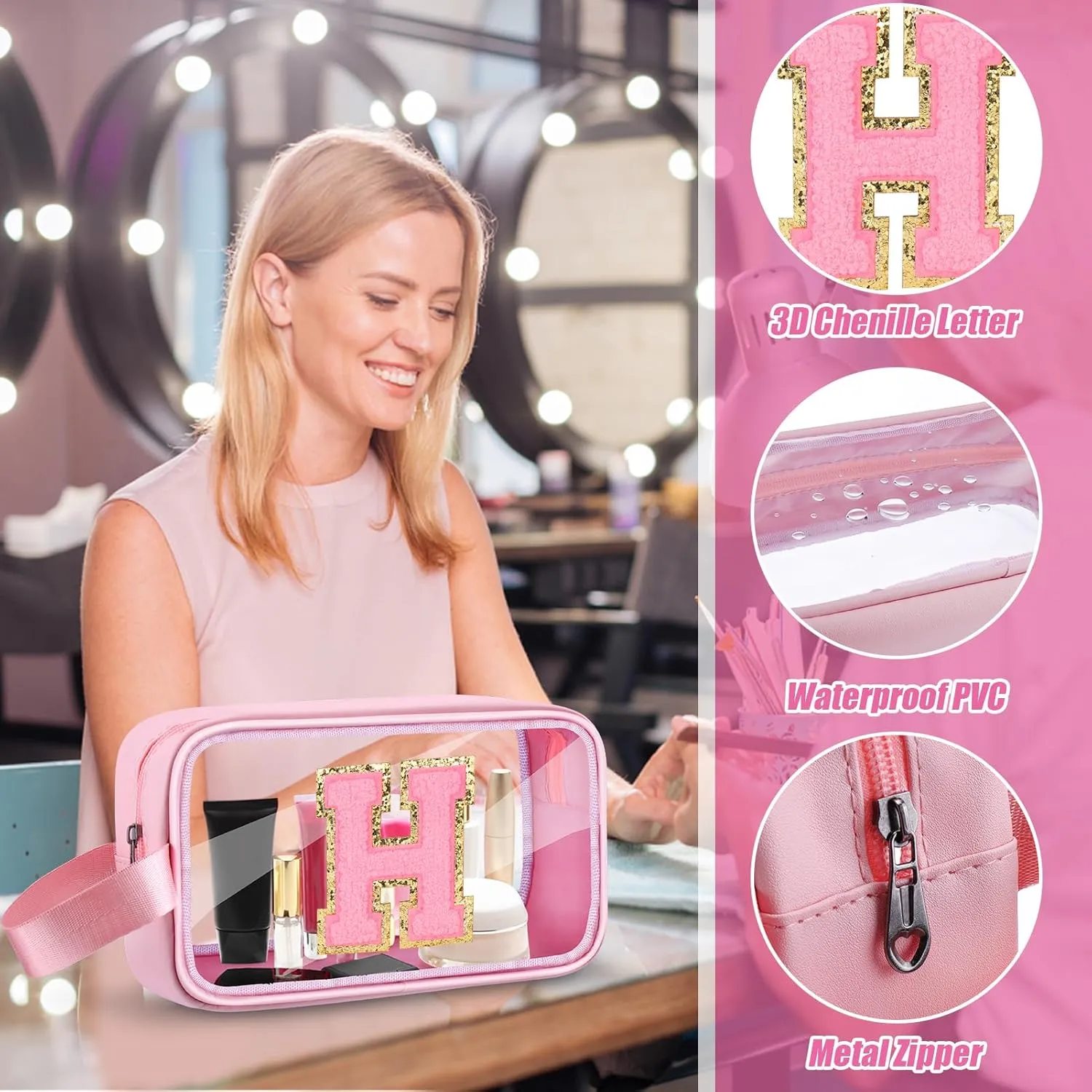 Initial Makeup Bag,Letter H Cute Clear Monogrammed Cosmetic Travel Bag for Womens Girls,Personalized Pink Aesthetic Traveling Make Up Organizer Bag for Beach,Waterproof Toiletry Bag
