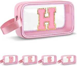 Initial Makeup Bag,Letter H Cute Clear Monogrammed Cosmetic Travel Bag for Womens Girls,Personalized Pink Aesthetic Traveling Make Up Organizer Bag for Beach,Waterproof Toiletry Bag