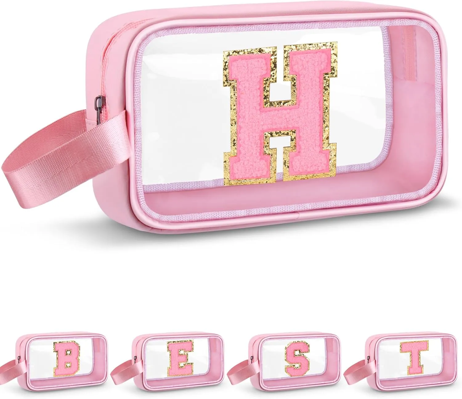 Initial Makeup Bag,Letter H Cute Clear Monogrammed Cosmetic Travel Bag for Womens Girls,Personalized Pink Aesthetic Traveling Make Up Organizer Bag for Beach,Waterproof Toiletry Bag