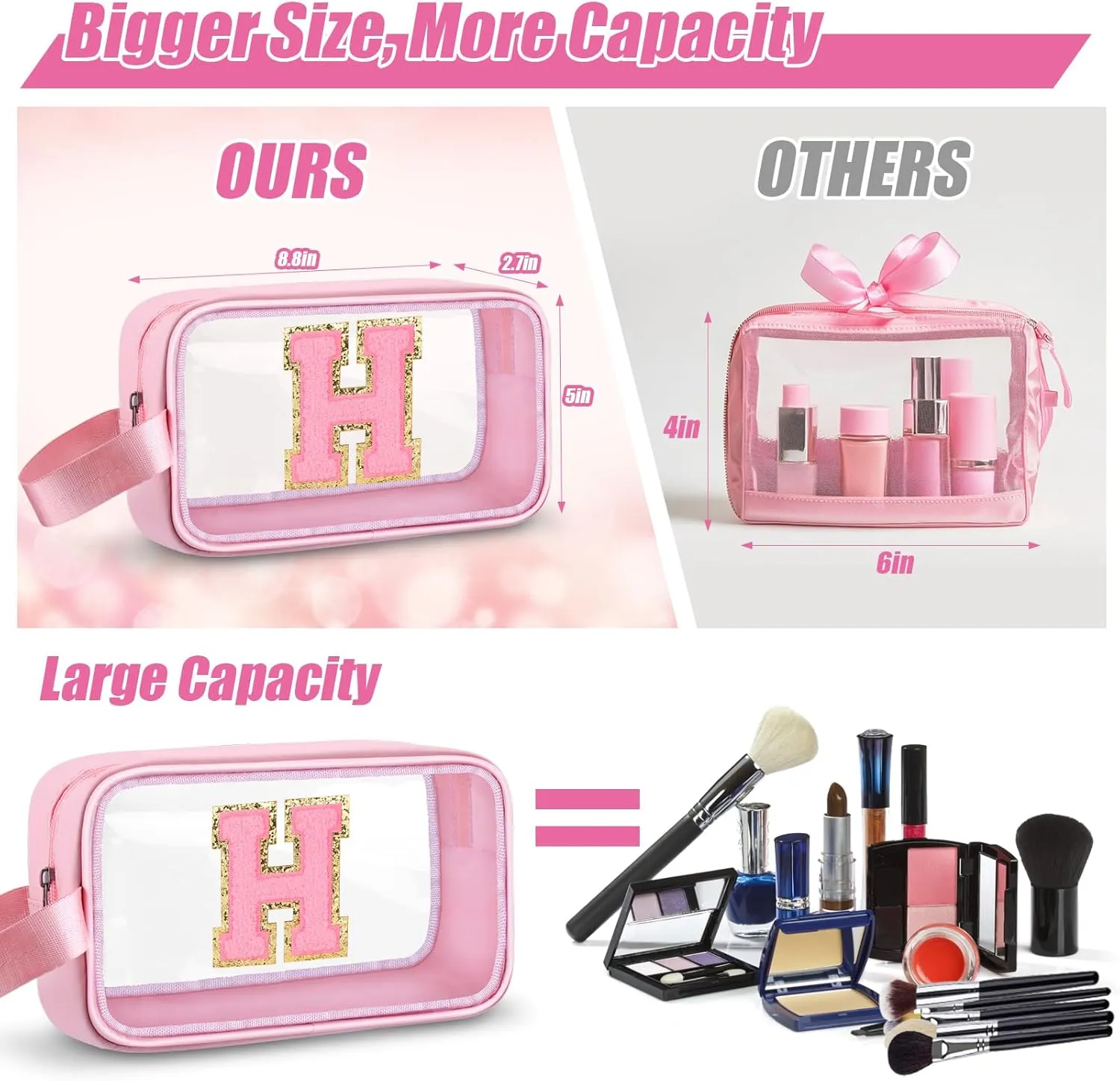 Initial Makeup Bag,Letter H Cute Clear Monogrammed Cosmetic Travel Bag for Womens Girls,Personalized Pink Aesthetic Traveling Make Up Organizer Bag for Beach,Waterproof Toiletry Bag