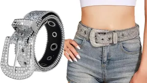 INOGIH Rhinestone-Belt for Women Girls,Western Cowgirl Cowboys Bling Studded Leather Diamond Belt for Jeans Dress
