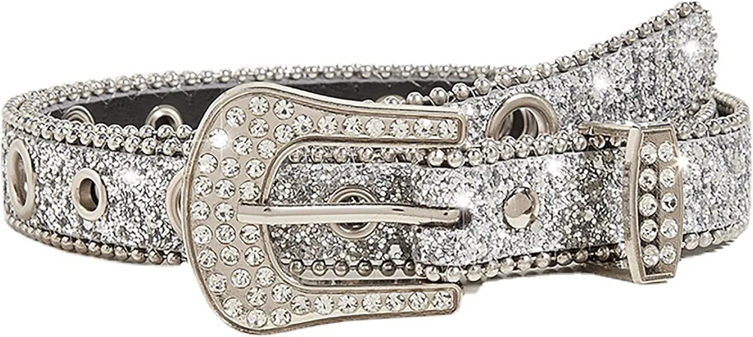INOGIH Rhinestone-Belt for Women Girls,Western Cowgirl Cowboys Bling Studded Leather Diamond Belt for Jeans Dress