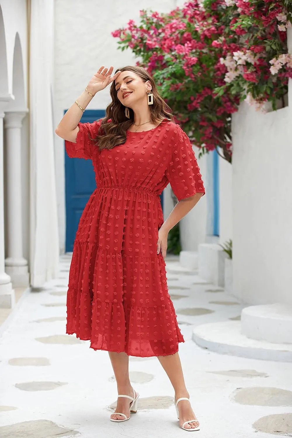 IN'VOLAND Womens Plus Size Swiss Dot Dress Chiffon Short Sleeve High Waist A Line Ruffle Tiered Babydoll Midi Dress