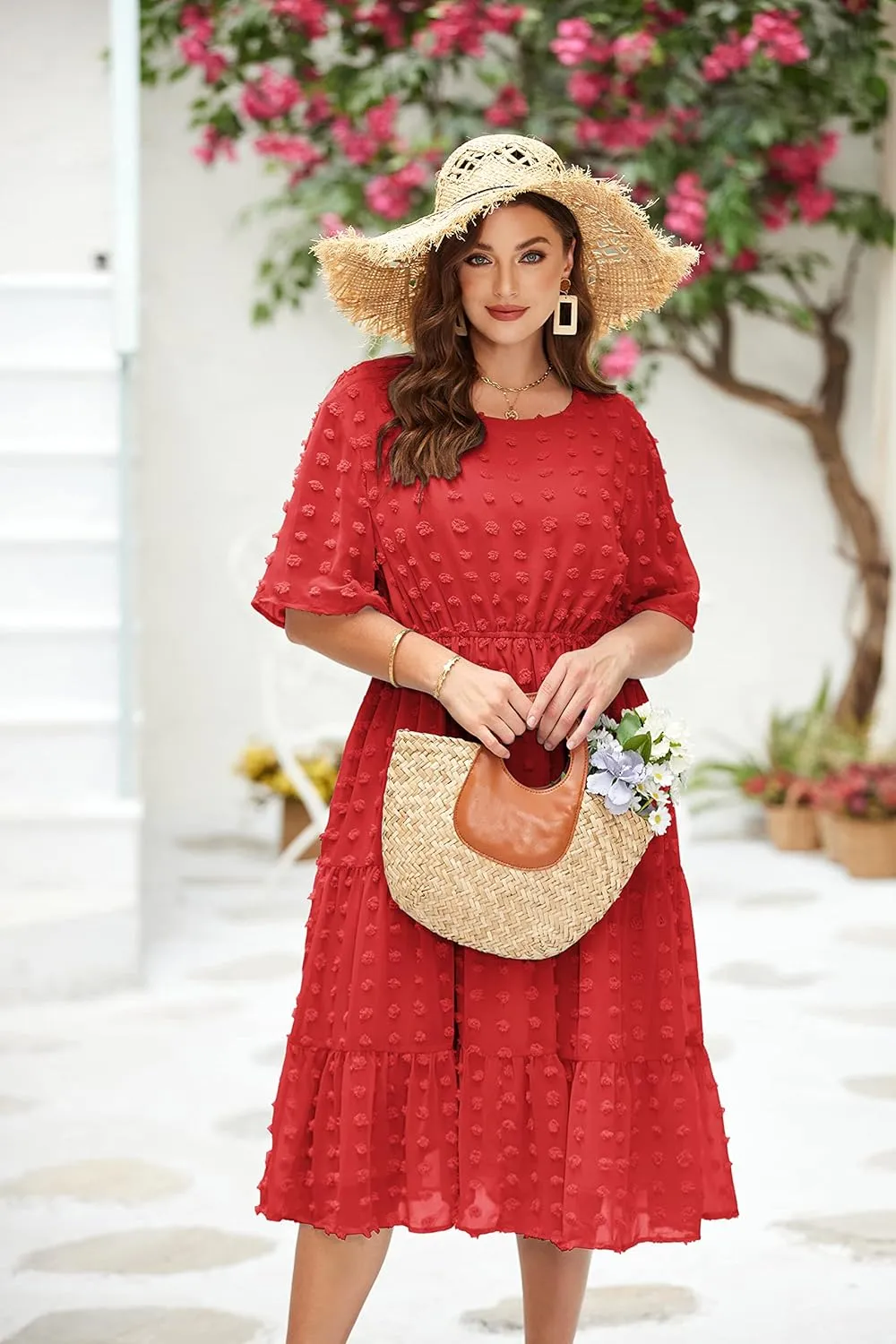 IN'VOLAND Womens Plus Size Swiss Dot Dress Chiffon Short Sleeve High Waist A Line Ruffle Tiered Babydoll Midi Dress