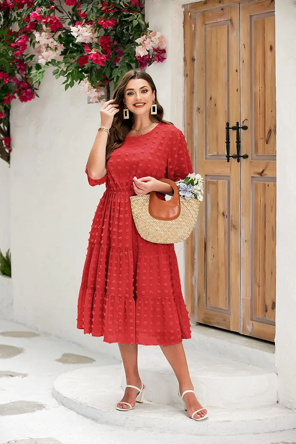 IN'VOLAND Womens Plus Size Swiss Dot Dress Chiffon Short Sleeve High Waist A Line Ruffle Tiered Babydoll Midi Dress