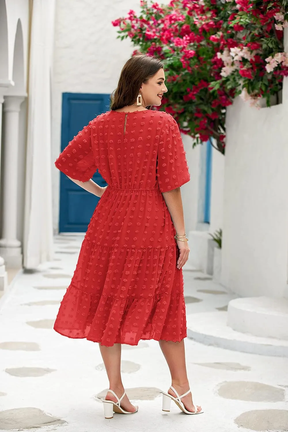 IN'VOLAND Womens Plus Size Swiss Dot Dress Chiffon Short Sleeve High Waist A Line Ruffle Tiered Babydoll Midi Dress
