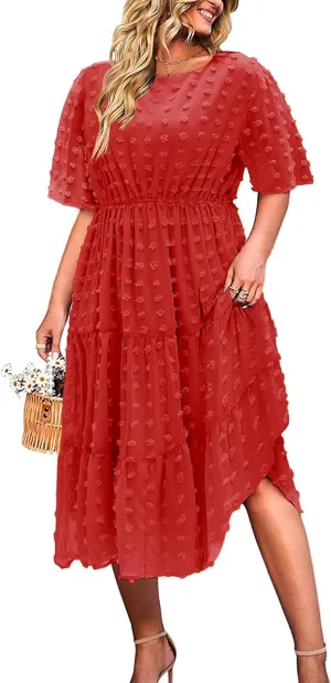 IN'VOLAND Womens Plus Size Swiss Dot Dress Chiffon Short Sleeve High Waist A Line Ruffle Tiered Babydoll Midi Dress