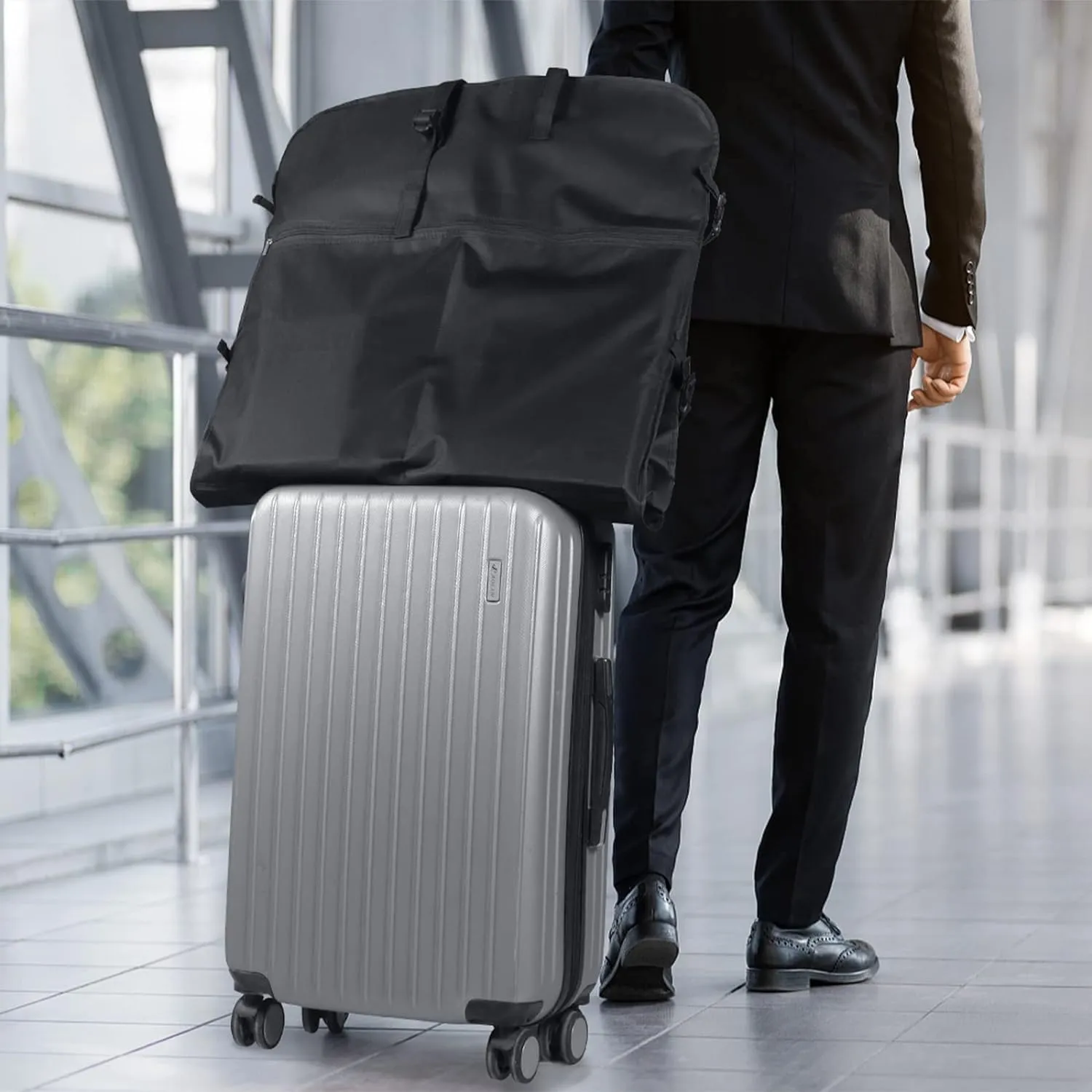 IRYZE Garment Bag for Travel, 50"" Garment Bag With Handle Gusseted Zippered 6 Pockets Foldable Cloth Suit Bag Suit Luggage Bag, 60*10*125cm, Black