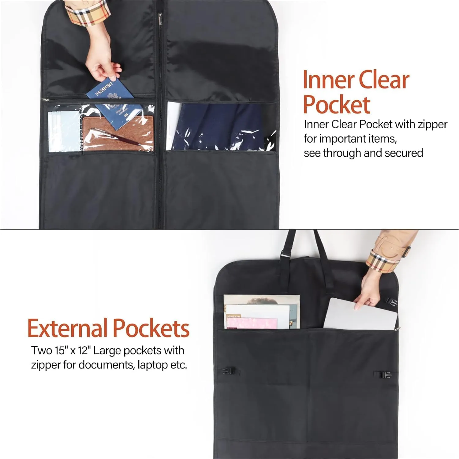 IRYZE Garment Bag for Travel, 50"" Garment Bag With Handle Gusseted Zippered 6 Pockets Foldable Cloth Suit Bag Suit Luggage Bag, 60*10*125cm, Black