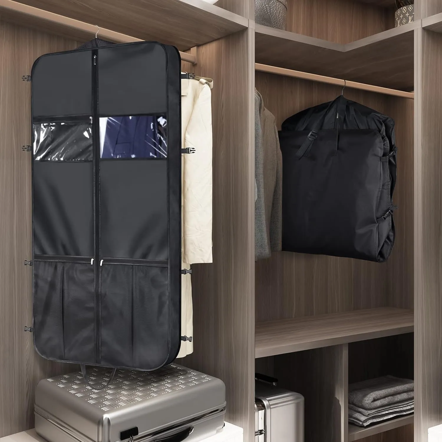 IRYZE Garment Bag for Travel, 50"" Garment Bag With Handle Gusseted Zippered 6 Pockets Foldable Cloth Suit Bag Suit Luggage Bag, 60*10*125cm, Black