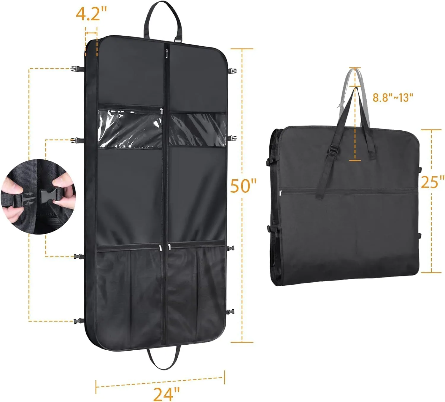 IRYZE Garment Bag for Travel, 50"" Garment Bag With Handle Gusseted Zippered 6 Pockets Foldable Cloth Suit Bag Suit Luggage Bag, 60*10*125cm, Black