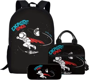 JHQFWMFJ 3 Pcs Backpack Set for School Astronaut Backpack for Boys Bookbag with Lunch Box and Pencil Case Boys Elementary Large Capacity Pencil Case Lightweight Bookbag for School Supplies