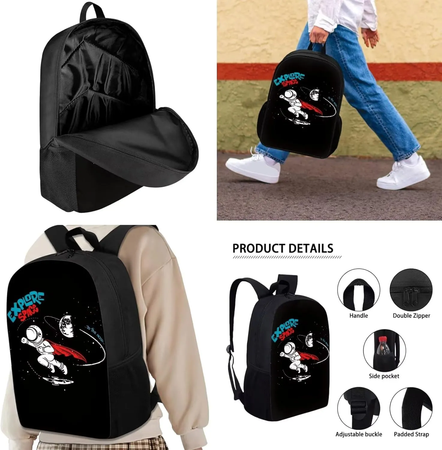 JHQFWMFJ 3 Pcs Backpack Set for School Astronaut Backpack for Boys Bookbag with Lunch Box and Pencil Case Boys Elementary Large Capacity Pencil Case Lightweight Bookbag for School Supplies