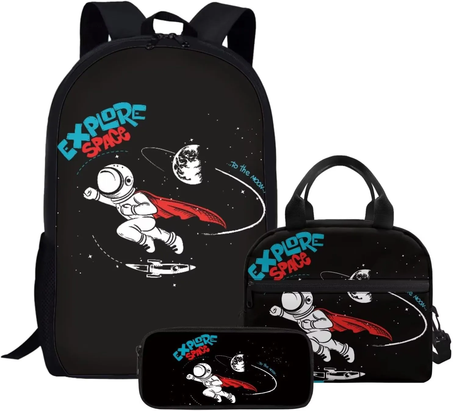 JHQFWMFJ 3 Pcs Backpack Set for School Astronaut Backpack for Boys Bookbag with Lunch Box and Pencil Case Boys Elementary Large Capacity Pencil Case Lightweight Bookbag for School Supplies