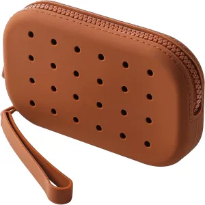 JOVAKIT Small Portable Silicone Makeup Bag for Women with Decorative Holes, Travel Waterproof Toiletry Cosmetic Bag Gifts for Women, Zipper Closure Makeup Case with Handle (Brown)