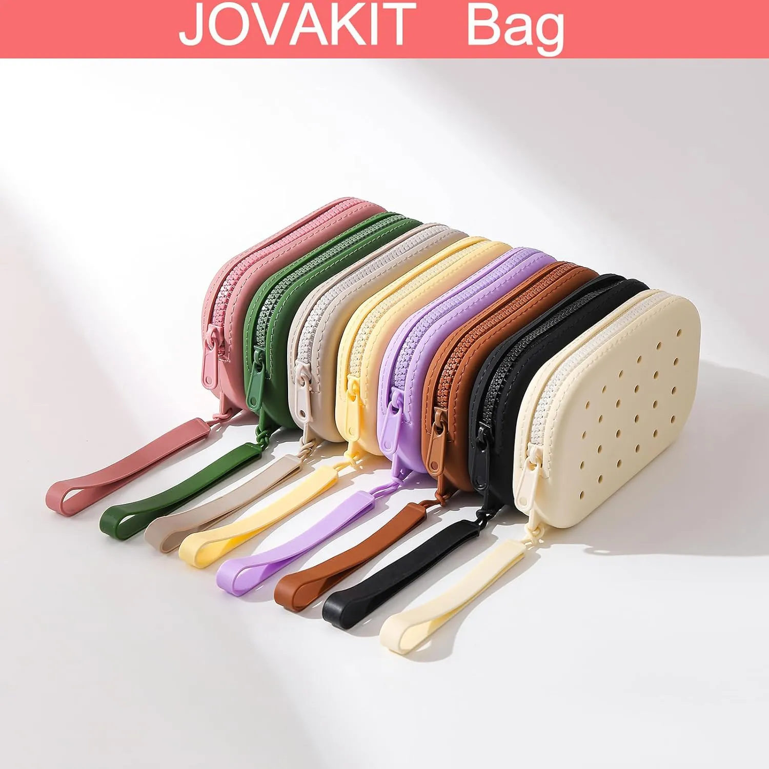 JOVAKIT Small Portable Silicone Makeup Bag for Women with Decorative Holes, Travel Waterproof Toiletry Cosmetic Bag Gifts for Women, Zipper Closure Makeup Case with Handle (Brown)